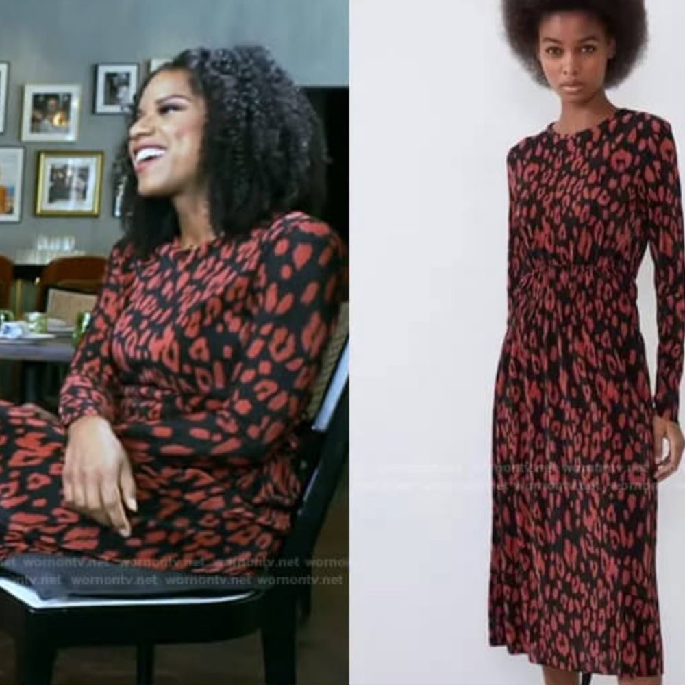Zara Pleated Accordion Long Sleeve Midi Dress Black Red Animal Print
